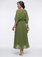 Elysia | V Neck Draped Waist Tie Midi Dress